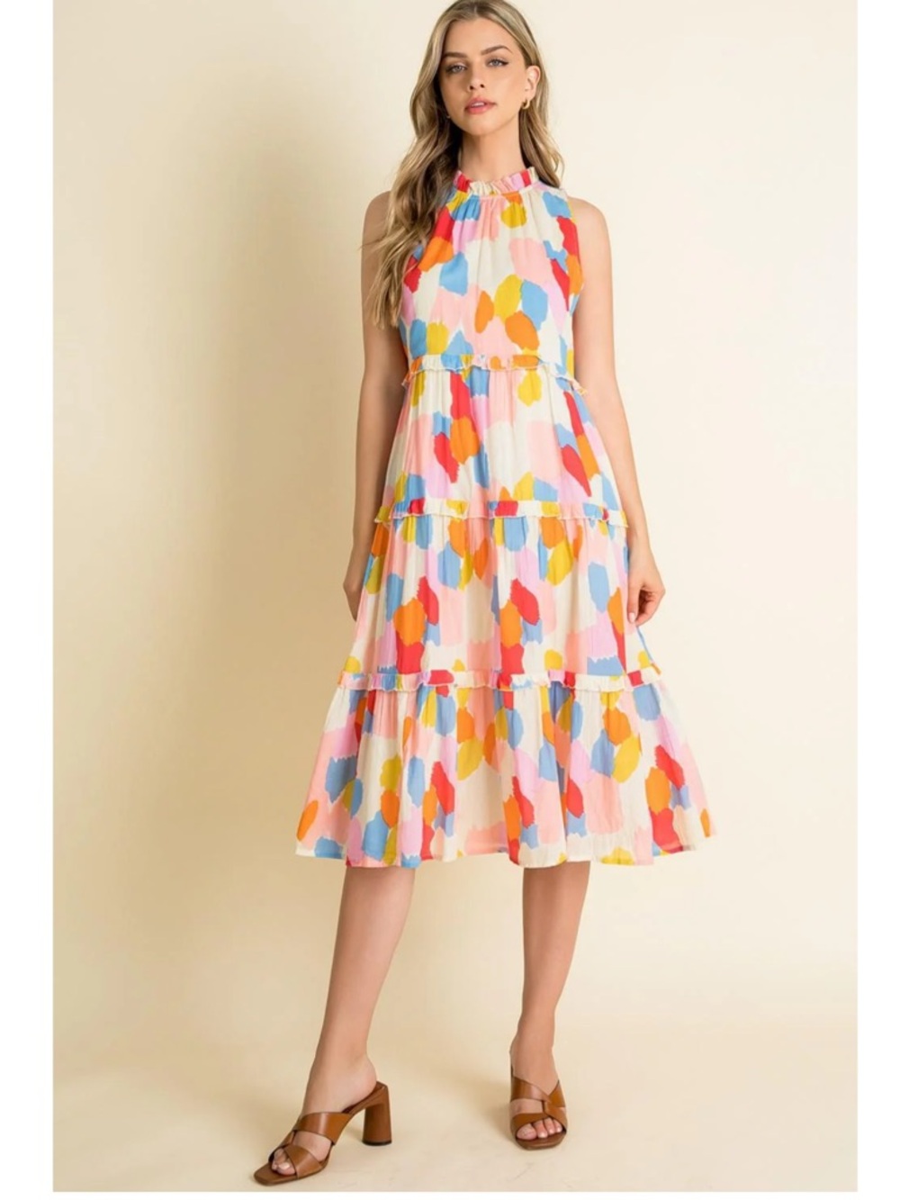 THML Cream Multi Color Spotted Tiered Midi Dress large